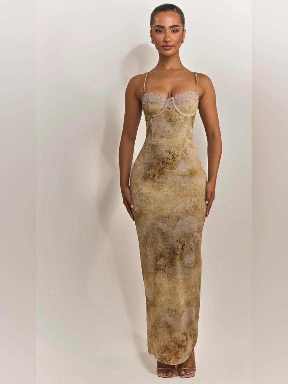 Mars The Label Bij Maxi Dress Abstract Print Lace Corset Bodycon